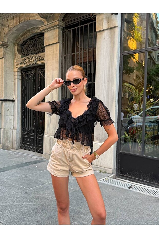 Women's Ruffled Tulle Sleeve Crop Blouse