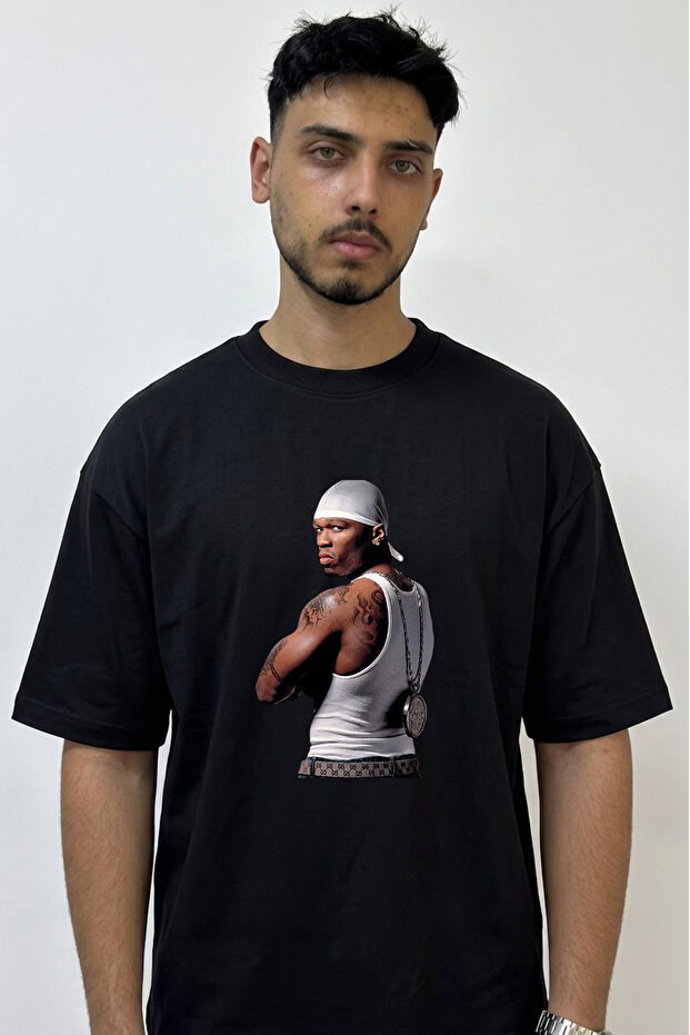 50 Cent_47 Design Printed Oversize Black T-Shirt