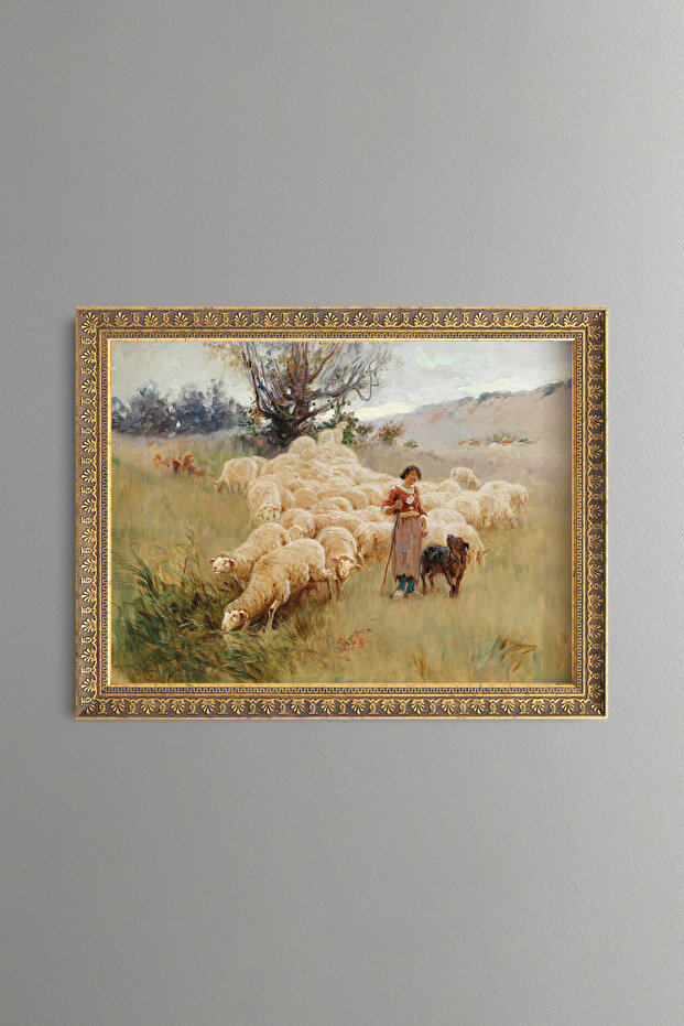 Woman and Sheep Herd - Vintage Patterned Painting - Fine Model