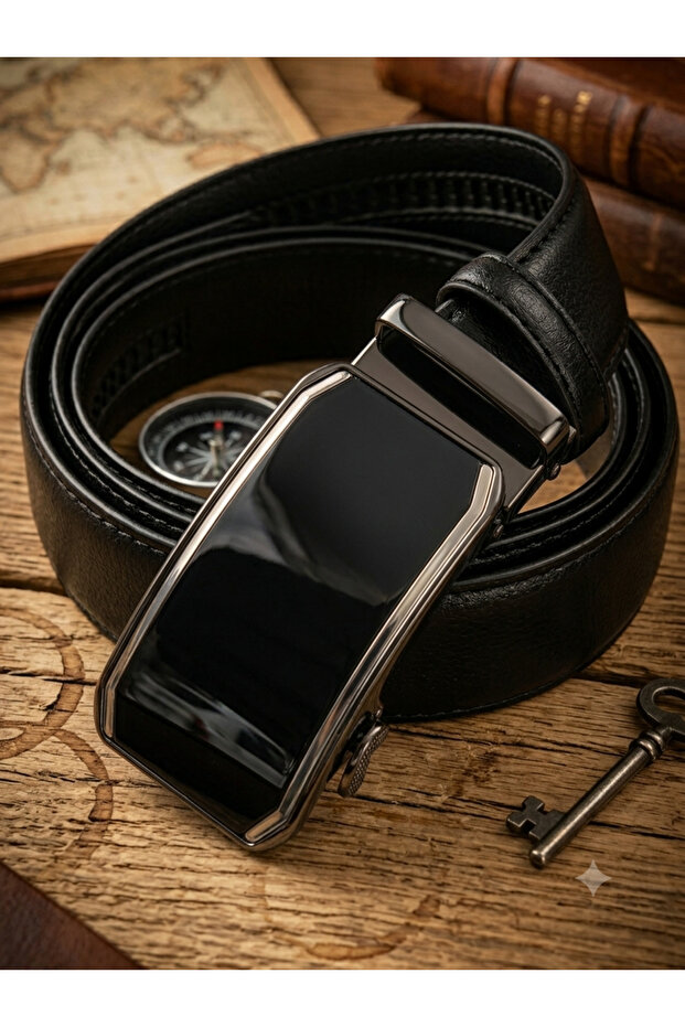 Men's Faux Leather Belt with Automatic Lock - Stylish Buckle with Special Mechanism