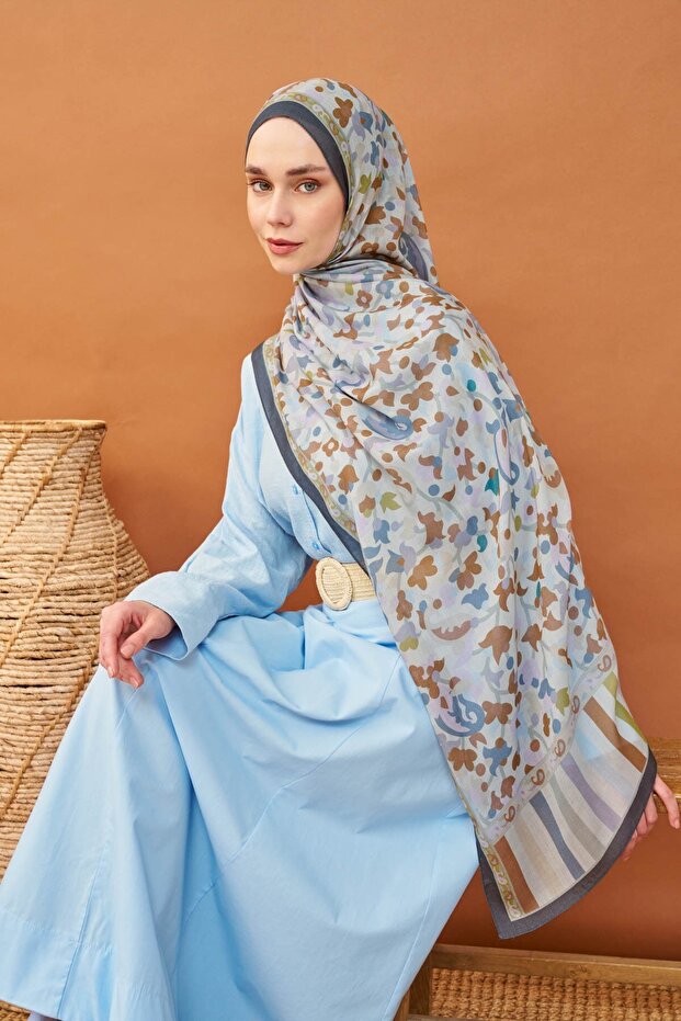 Riva Shawl Tencel Botanical Floral Ice Blue