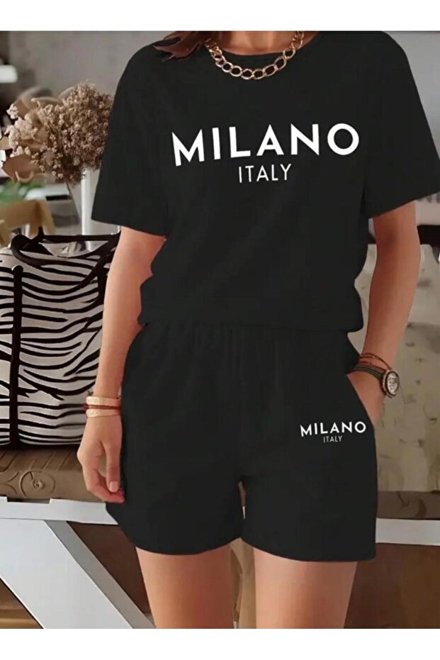 Milano Italy Printed Double Pocket Crew Neck Plus Size Women's Black Shorts Set