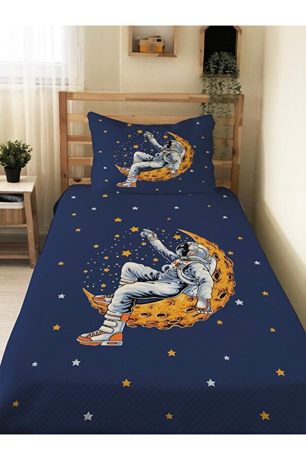 Astronaut Patterned Baby and Kids Printed Single Pique Set 160 X 220 cm Navy Blue
