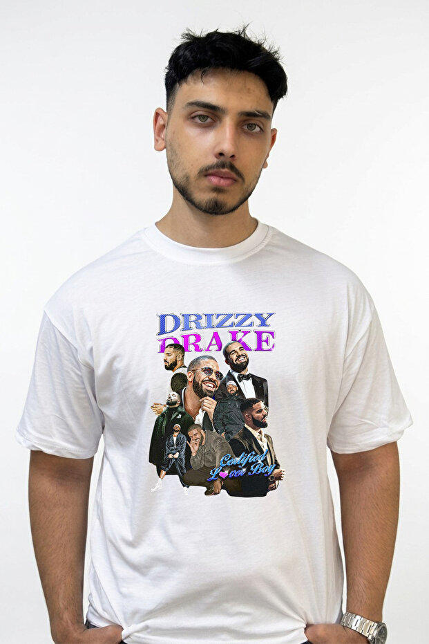تي شيرت أبيض كبير الحجم مطبوع بتصميم Drizzy Drake