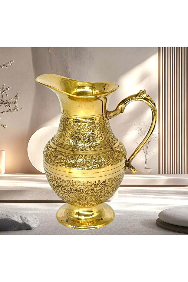 Mughal Style Brass Water Serving Jug – Handcrafted Elegance Gold Finish(H:8.5"W:5"Weight:1.100Kg)