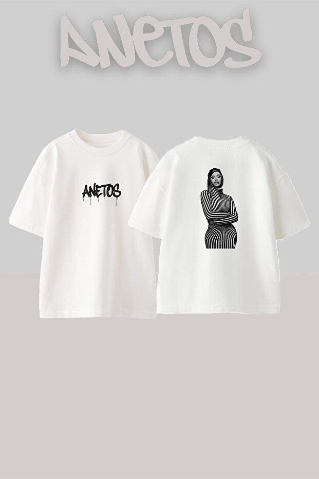 Cardi B Striped Design Printed Unisex Oversize Fit White Tshirt
