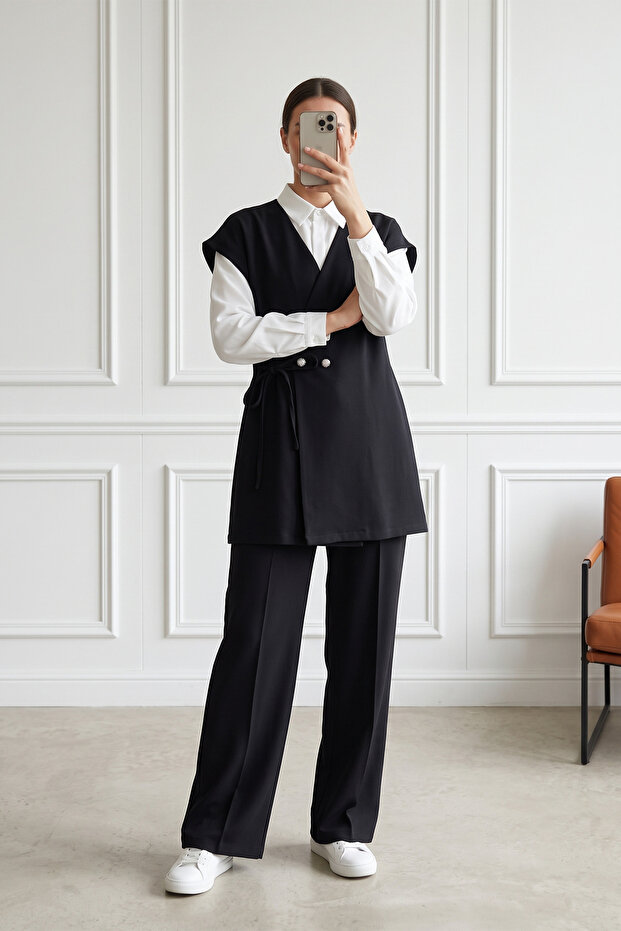 Lace-Up Double Crepe Vest and Trousers Set - Black