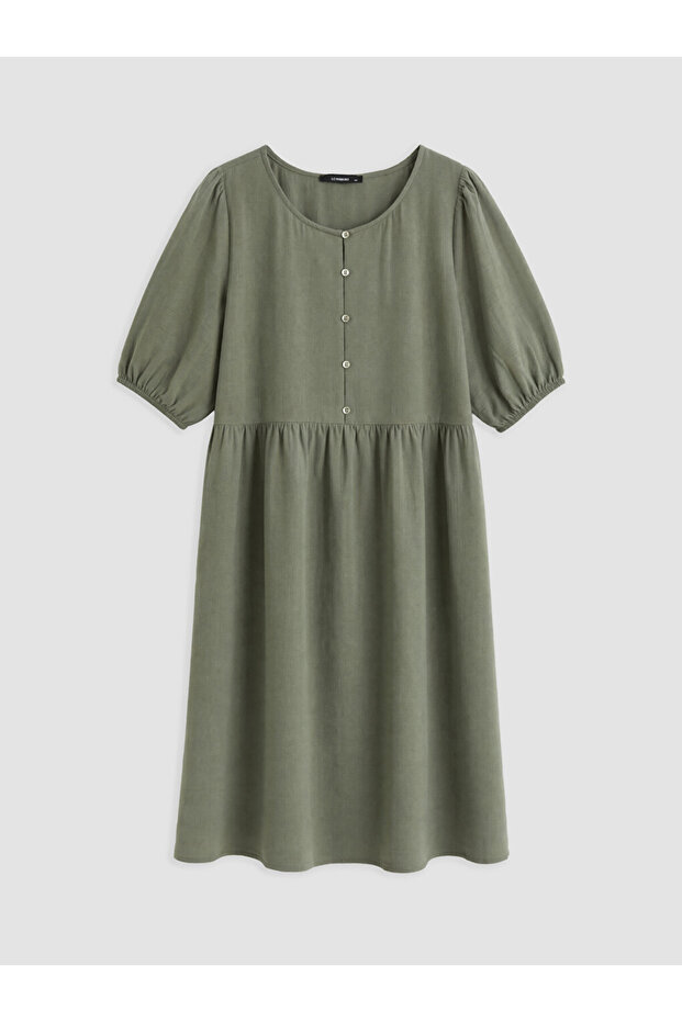 Khaki Plus Size Crew Neck Pleated Dress