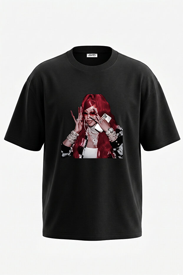 Cardi B_14 Design Printed Unisex Oversize Black Tshirt