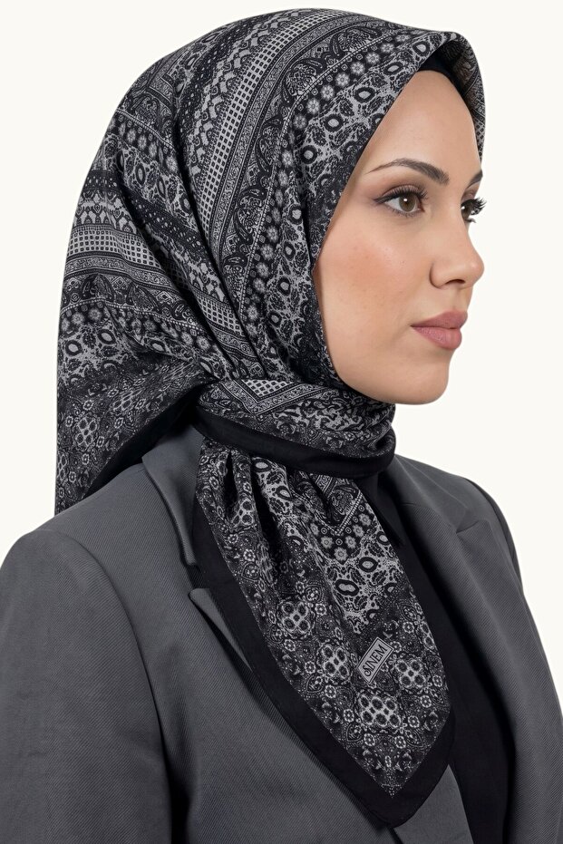 Women's Black Gray Ethnic Patterned Stitched Writing
