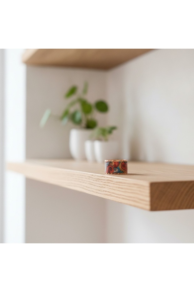 Copper Red Blue Tiny Kilim Patterned Wide Form Adjustable Ring