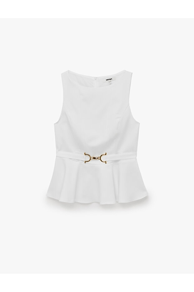 Slim Fit Accessory Belt Detailed Sleeveless Crew Neck Peplum Blouse