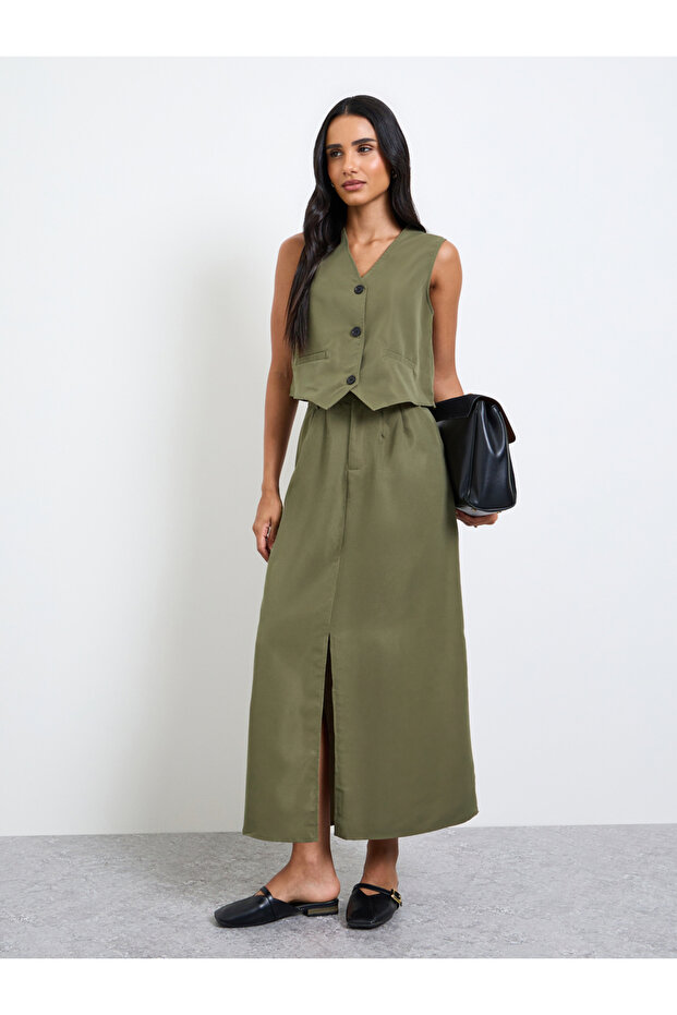 Olive Sleeveless Waistcoat and Skirt Co-Ord Set