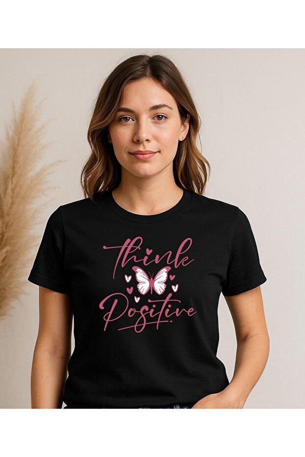 Think Positive Printed Crew Neck T-Shirt Casual Short Sleeve Tshirt