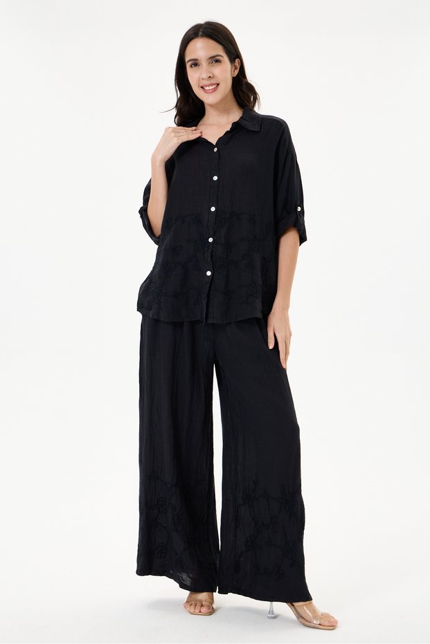 Women's Black Italian 100% Linen Floral Embroidered Trousers - Linen Suit with Shirt Size 40 - 44