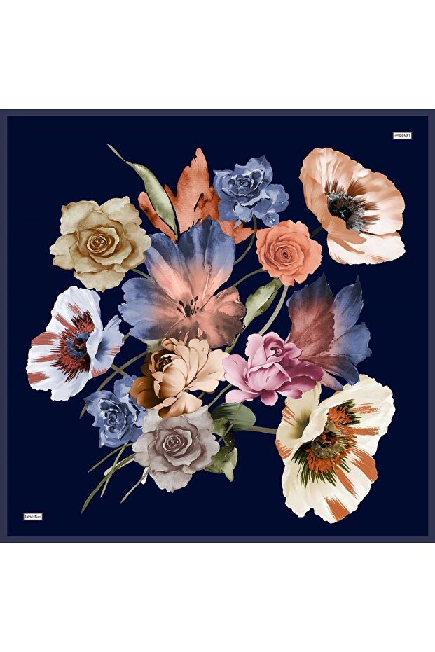 Navy Blue Rose Pattern Twill Silk Scarf