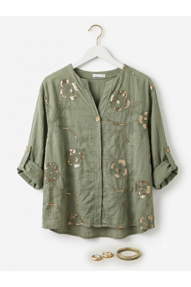 Women's Italian Khaki Sequin Embroidered Cotton Linen Loose Blouse – Oversized Casual Stylish Shirt