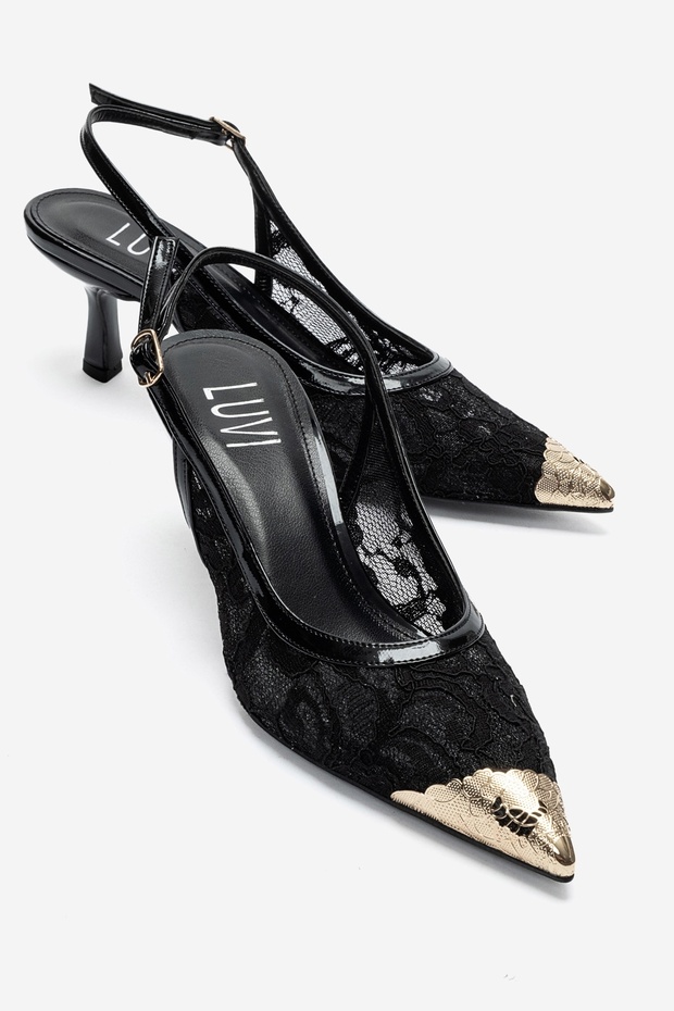 Clem Black Lace Detailed Gold Toe Women's Heeled Shoes