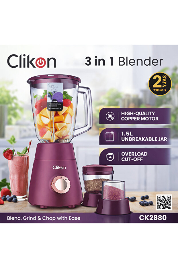 3-in-1 Blender – 1.5L Unbreakable Jar with Grinder & Chopper