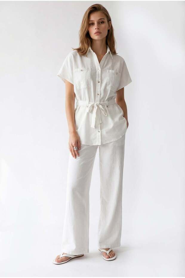 2155 Women's Linen Look Buttoned Shirt and Trousers Set White