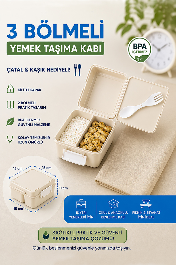 🥗   3-Compartment Food Transport Container |   Bpa-Free Lunch Box with Fork and Spoon Gift - Cream