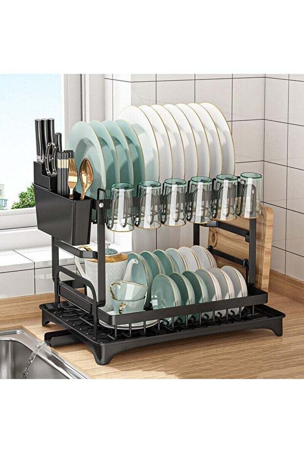 Dish Drying Stand With Drainer 2 Tier Dish Drying Rack 5 in 1 Metal Dish Organizer with Cups