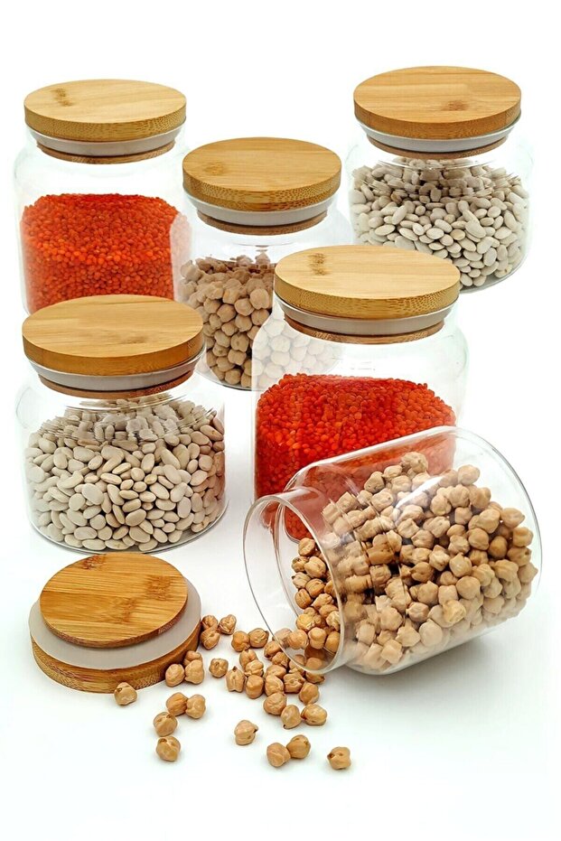 6-Piece Vacuum Sealed Glass Spice Jar Set with Bamboo Lids, 500 ml