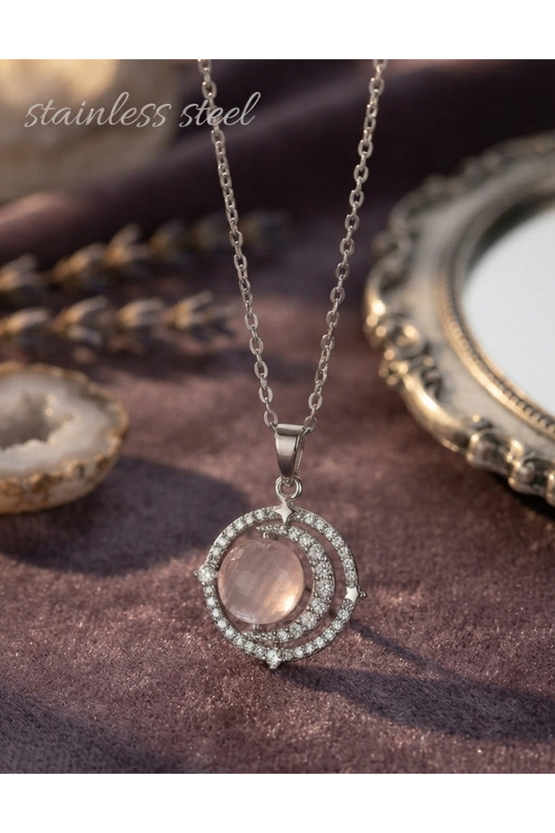 316L Steel Silver Color Zircon Stone Pink Pearlescent Crescent Model Necklace