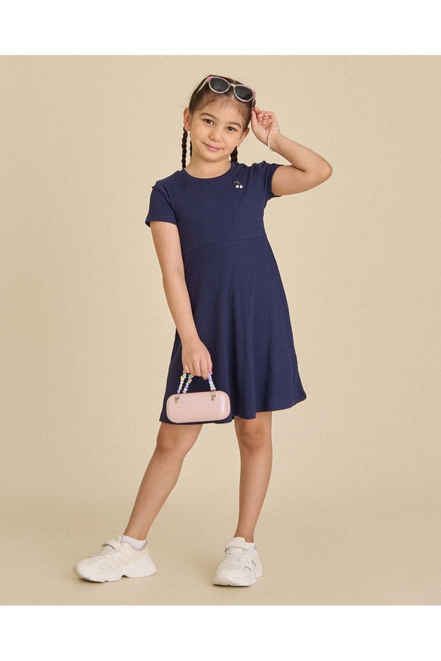 Girls Off White And Navy Rib Dress Set (Pack Of 2)