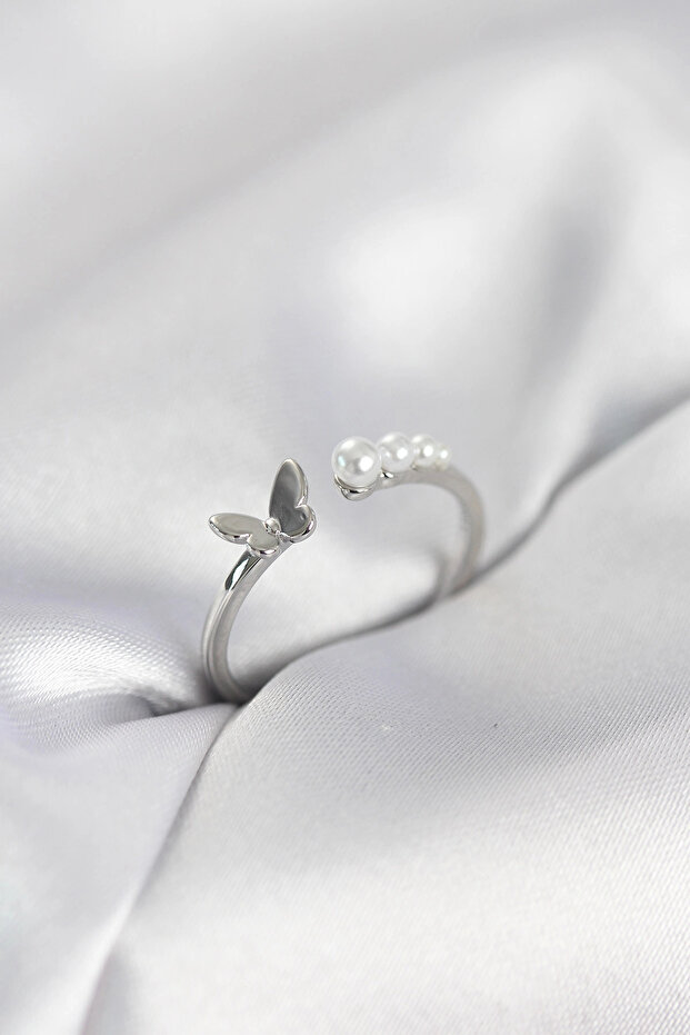 Pearl Butterfly Model Silver Color Brass Women's Ring