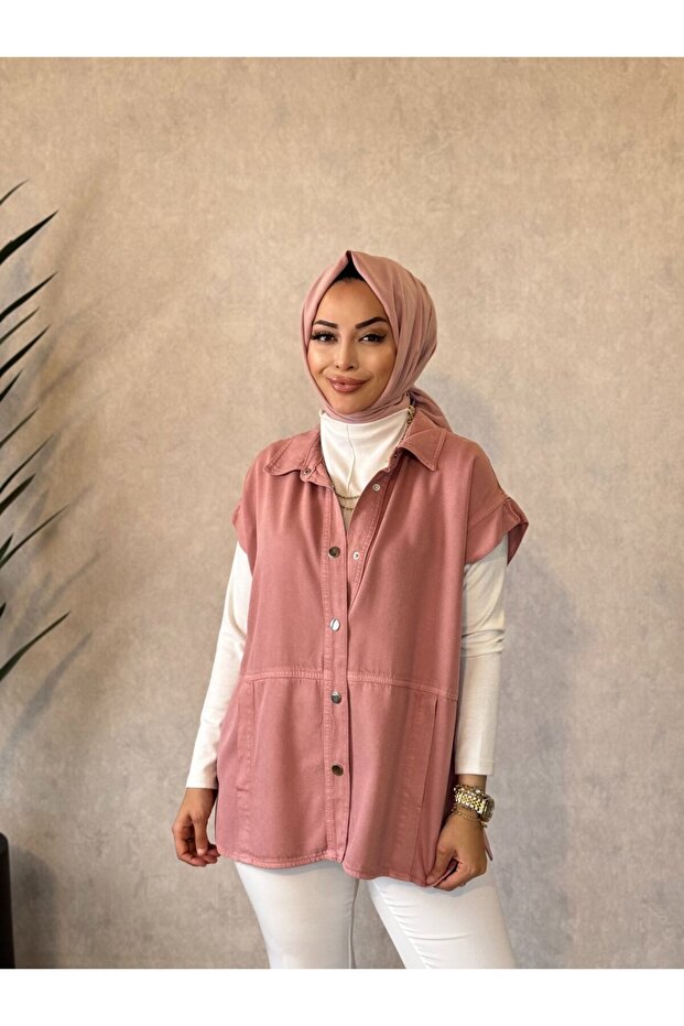 7441 سترة تينسل مخيطة من الأمام وذات جيوب باللون الوردي