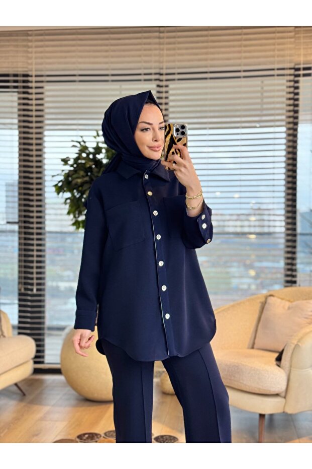 14464 Front Two Pockets Metal Button Suit Navy Blue