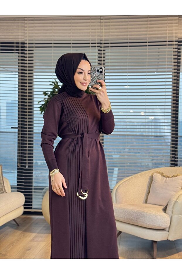 146 Left Back Front Striped Knitwear Dress Brown