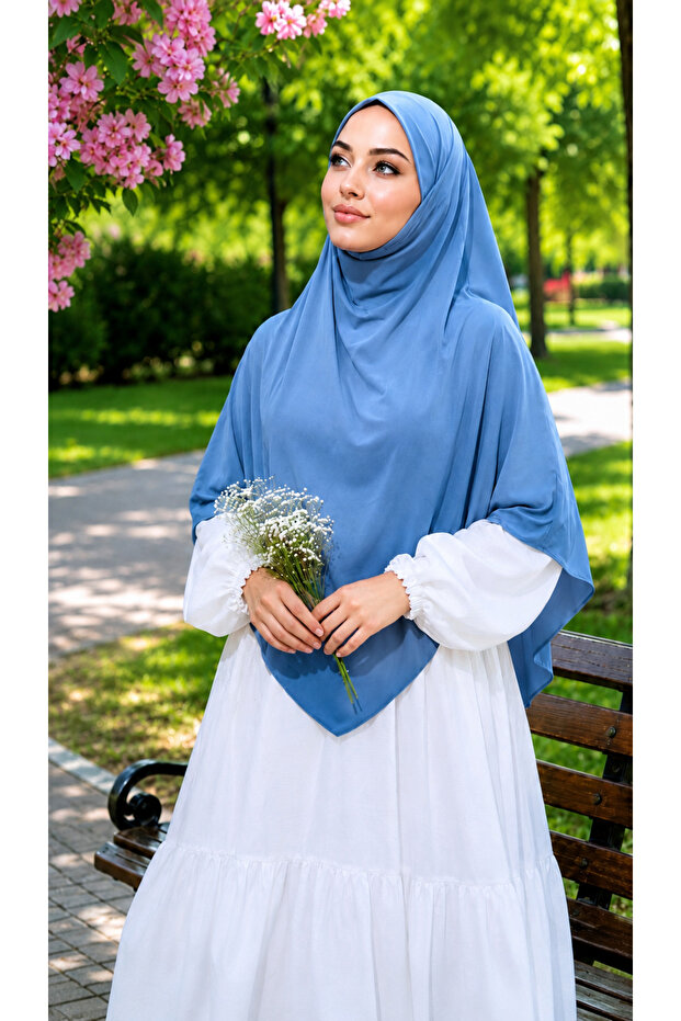 Practical Medium Size Sandy Sufle Scarf - Needle-Free Hijab for Hajj, Umrah, and Daily Use Indigo