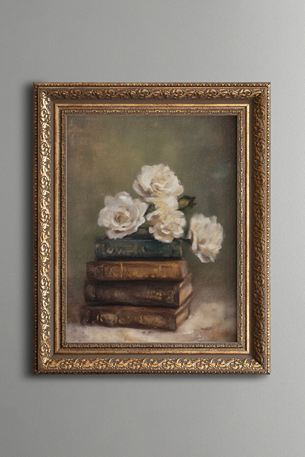 White Roses on Books – Vintage Patterned Painting – Thick Model
