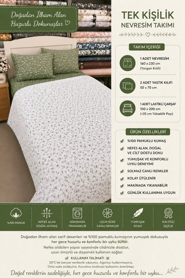Single Duvet Cover Set with Green Floral Pattern and Sheets, 4 Pieces, 160X230