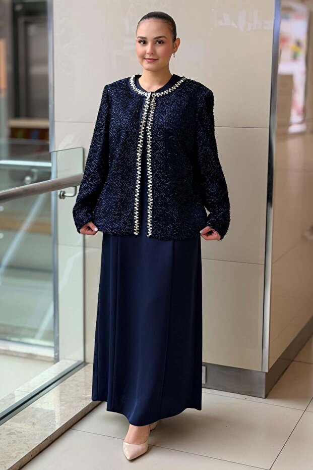 Crystal Stone Detailed Beaded Embroidered Evening Dress Double Set