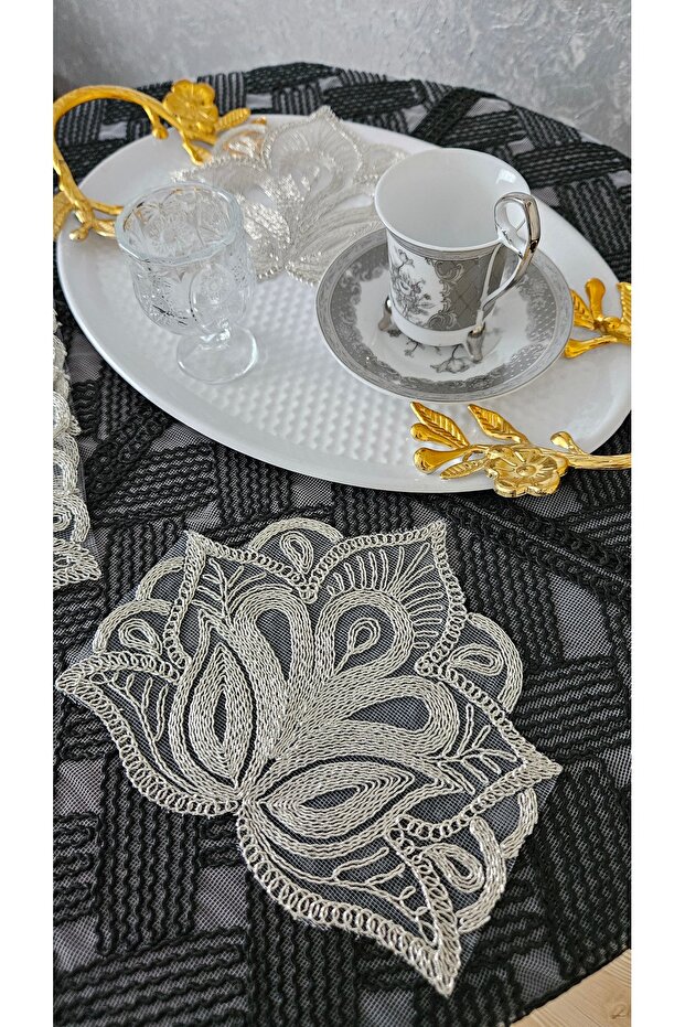 Set of 6 Coffee Side Stylish Presentation Napkins with Tulle Guipure