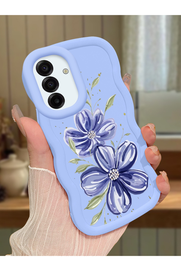 Samsung Galaxy A17 Compatible Case Camera Protector Blue Silicone Couple Phone Case Floral Pattern