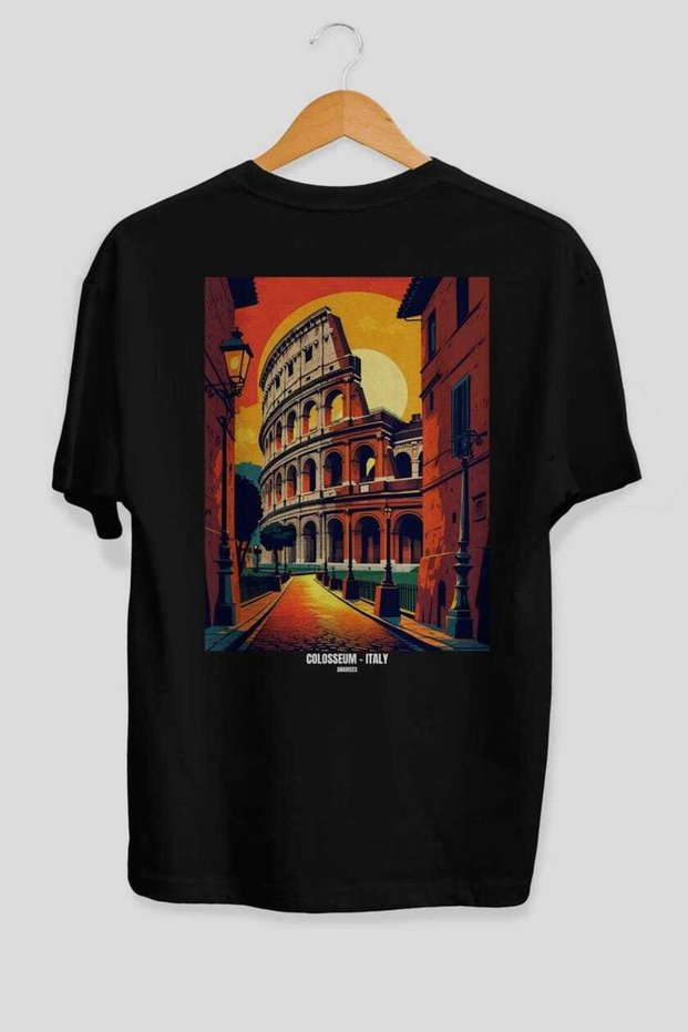 Colosseum Italy 5 Black Oversize Country City Back Printed Unisex T-Shirt 100% Cotton Premium