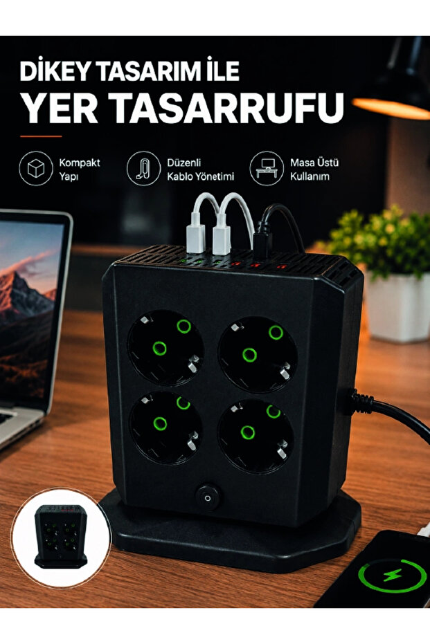 برج مقبس كهربائي عمودي، 8 منافذ تيار متردد، 4 منافذ USB، 2 منفذ Type-C، موزع طاقة آمن للأطفال
