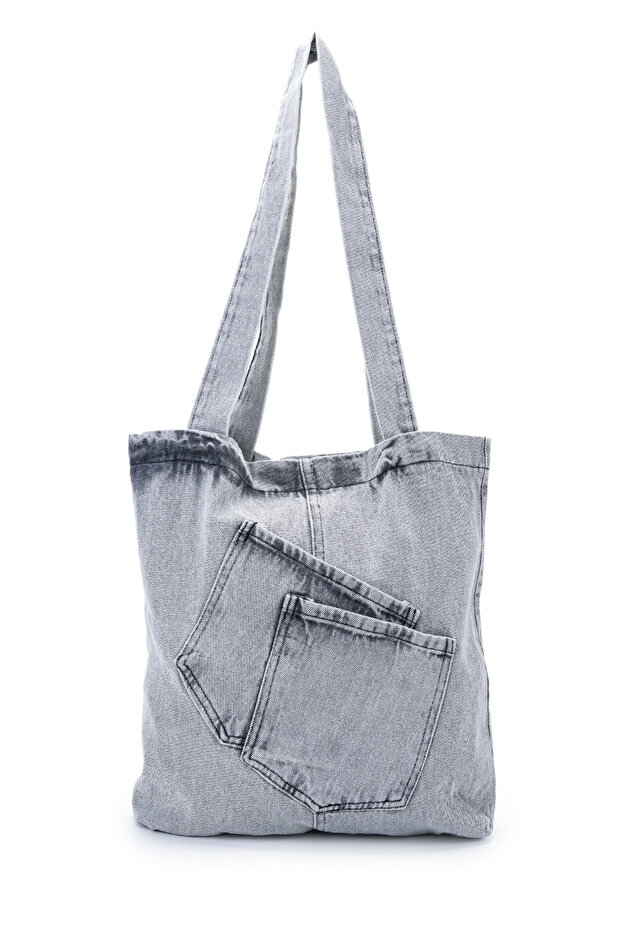 Cross Patch Pocket Detailed Denim Women's Shoulder Bag Doli Gray