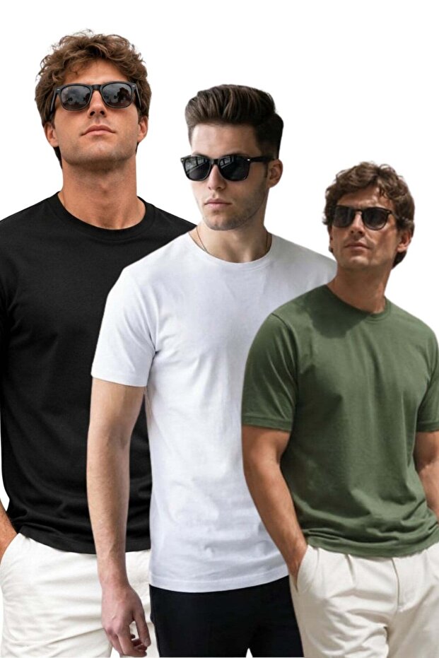 White/Black/Khaki Crew Neck Regular Fit 3-Piece Set Men's T-Shirt E7508