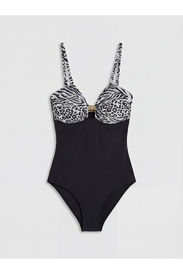 Black v-neck zebra patterned women's swimsuit from gulis clothing