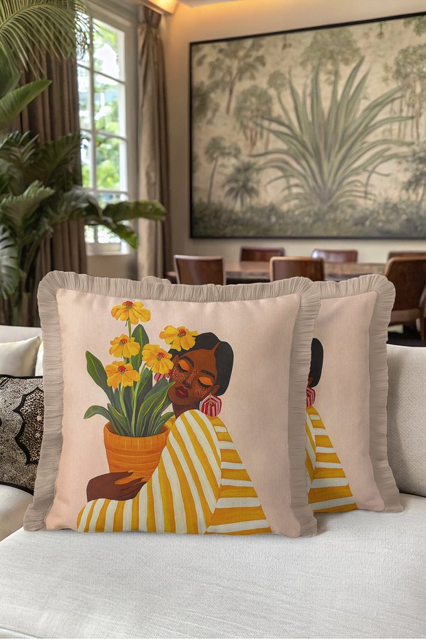 Boho Floral Woman Figure Fringed Pillowcase-Artistic Floral Powder Mink Tassel Throw Pillow Cover