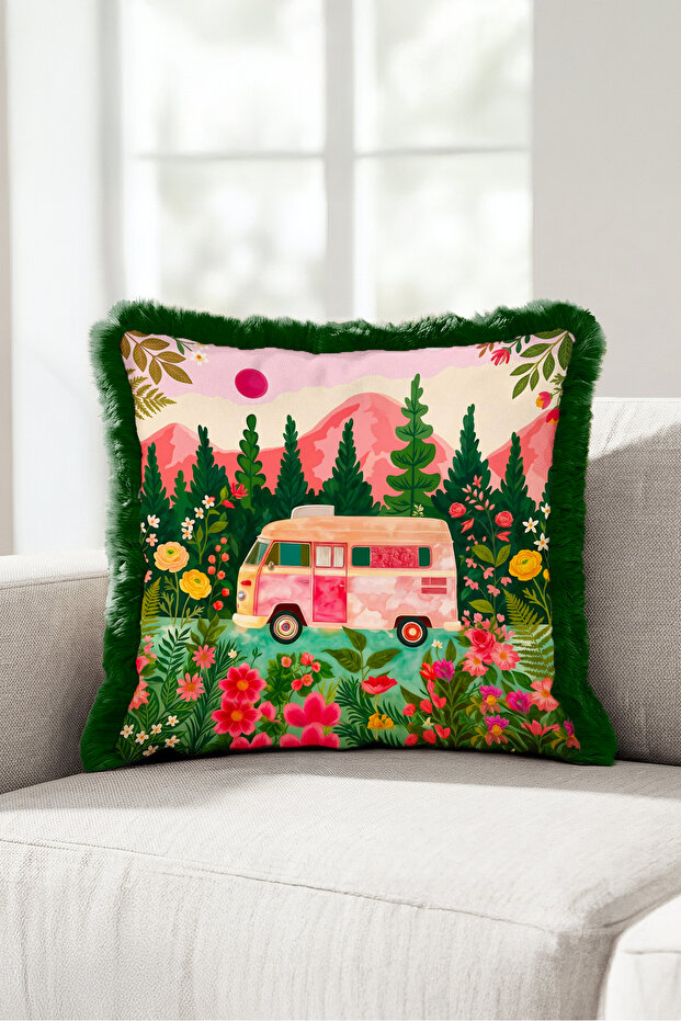 Floral Caravan Landscape Fringed Pillowcase - Camping Retro Bohemian Pink Green Tassel Throw Pillow Cover