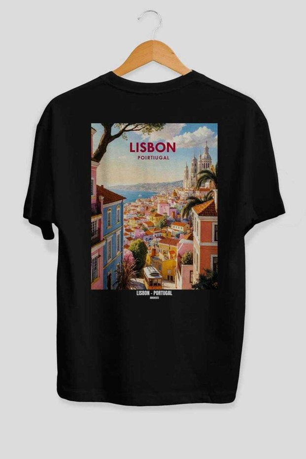 Lisbon Portugal Black Oversize Country City Back Printed Unisex T-Shirt 100% Cotton Premium