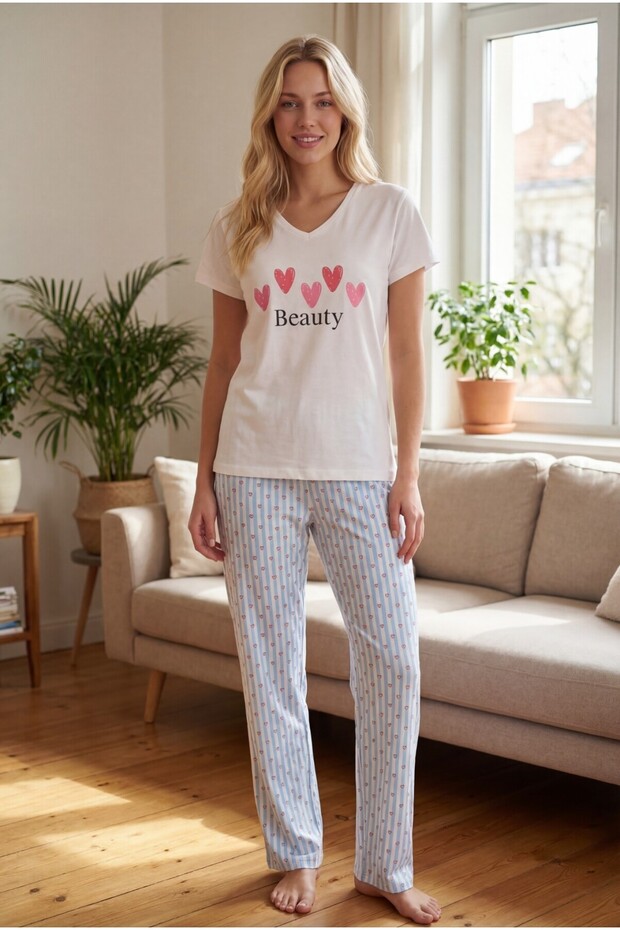 Women's Pajama Set, 100% Cotton, V-Neck, Short Sleeve, Heart Printed, Six Stripes