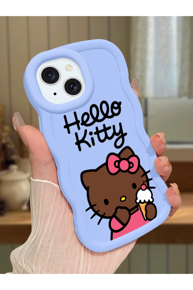 iPhone 15 Compatible Case with Camera Protector Blue Silicone Couple Phone Case Kitty Pattern