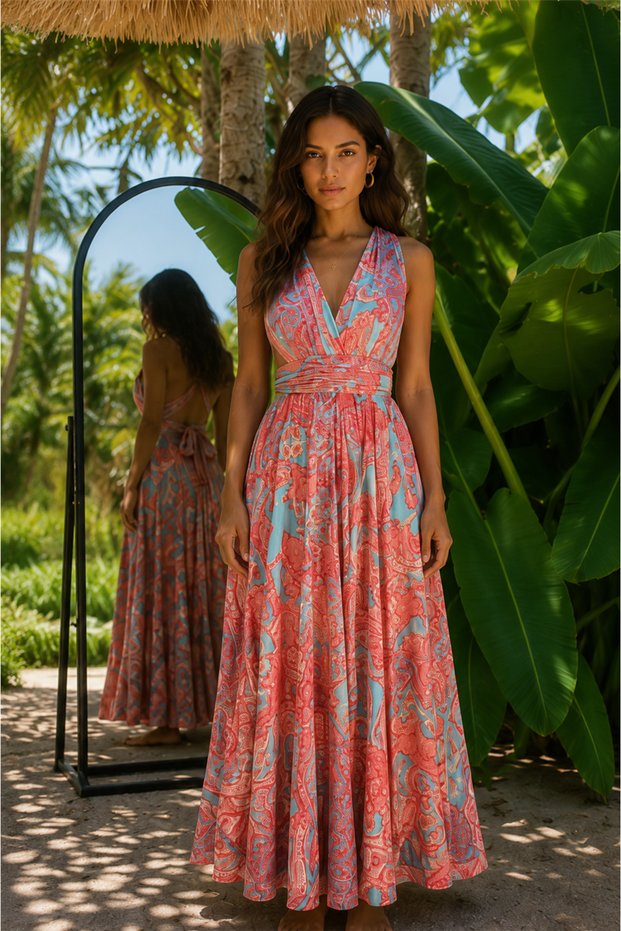 Pink Color Halter Neck Open Back Silk Dress